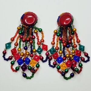 Vintage Clip-On Earrings Amazing, Beaded, Long Red Blue Green Orange Cascading